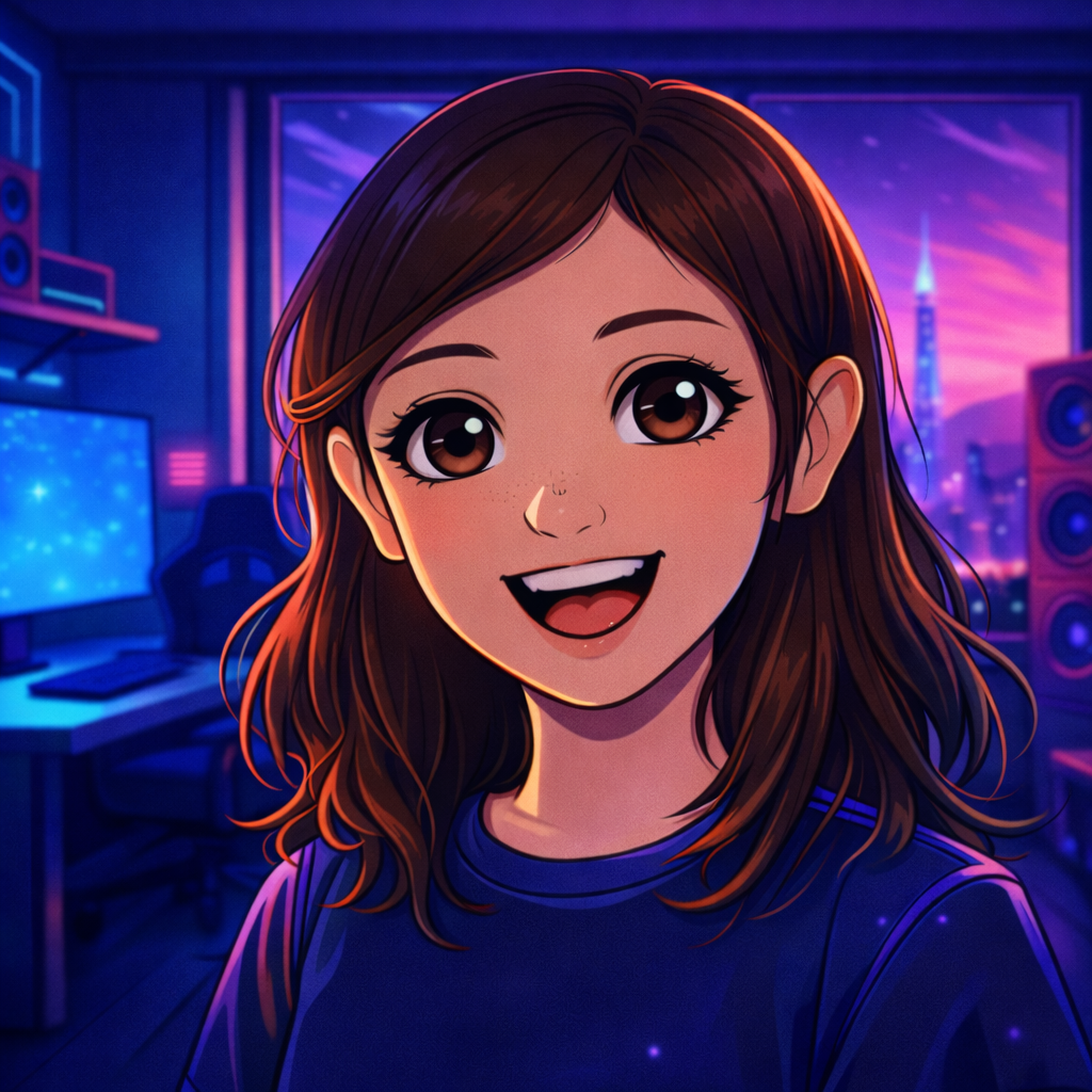 Ilustración de AlitaaTV sonriendo en su setup gamer